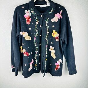 BP Designs - holiday/Christmas sock beaded cardigan, L